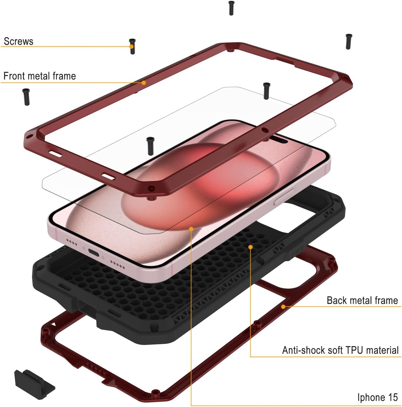 Punkcase for iPhone 15 Metal Case | Heavy Duty Military Grade Armor Cover | Hard Aluminum & TPU Design W/Tempered Glass Screen Protector for iPhone 15 (6.1") (2023) [Red]
