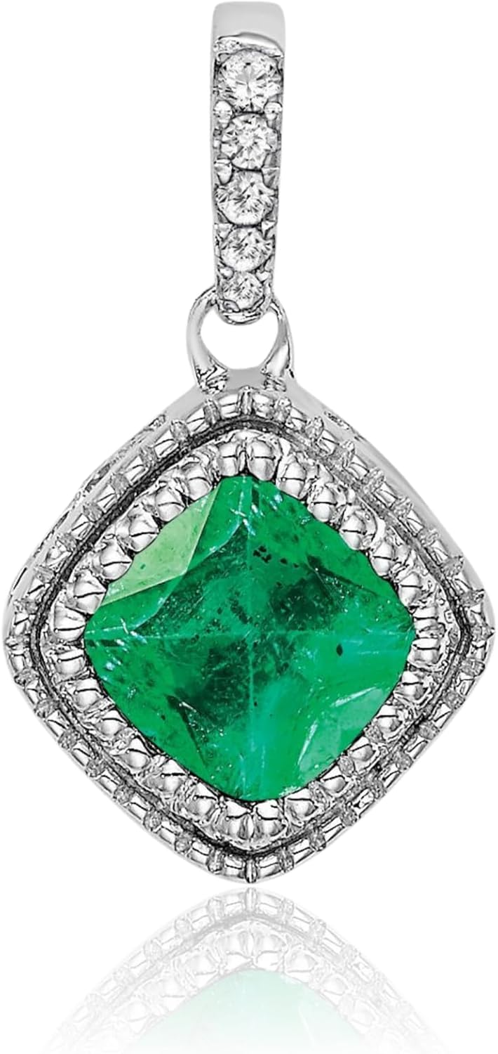 IceCarats 14K Solid White Gold 0.45 carat Green Emerald Diamond Square Small Beaded Pendant Necklace 14.9mm 5/8 inch Cushion Cut, Natural, Prong Set For Her