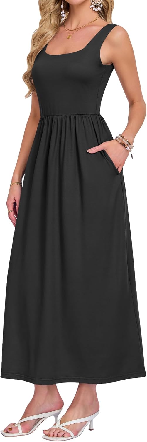 AUSELILY Women's Square Neck Maxi Dress Sleeveless Floral Loose Long Dresses with Pockets - Image 2