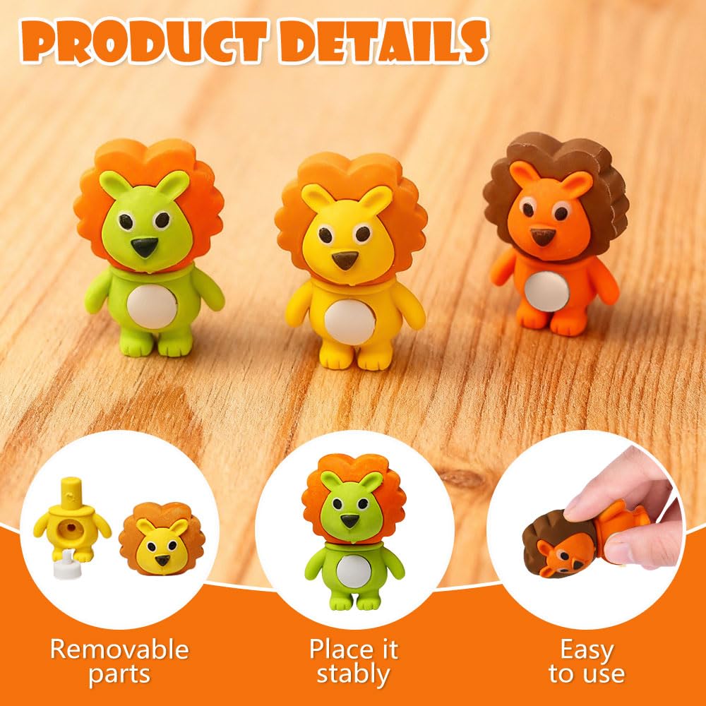 Gomme en Forme Lion Animaux 48 Pièces Amusante Détachable pour Enfants