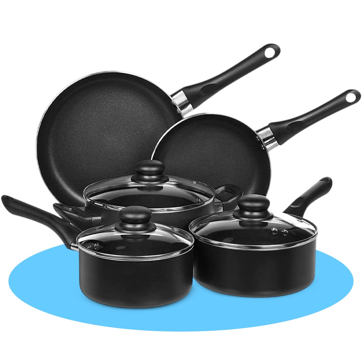 Bateria de Cocina de 8 piezas. Juego de Ollas y Sartenes Completo: 2 Sartén 2 Cazo 1 Cacerola 3 Tapas de Cristal. Aluminio con mangos de Baquelita