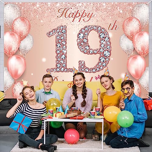 Image of Happy 19th Birthday Rose Gold Banner Cheers to 19 Years Old Backdrop Confetti Balloons Theme Decor for Girls Women 19 Years Old Pink Birthday Party Decorations Bday Supplies Background Gift Glitter
