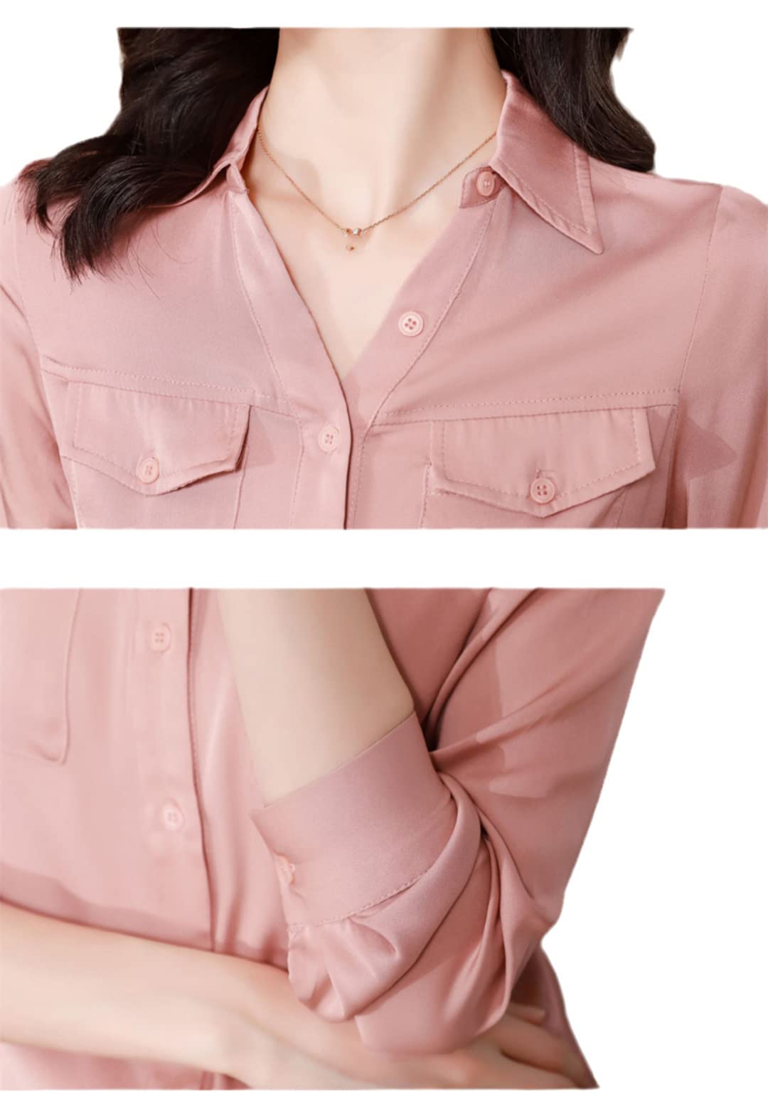 Blusas Sueltas Informales para Mujer con 2 Bolsillos, Camisas de Seda Satinada para Trabajo de Dama de Oficina, Camisa de Vestir con Botones
