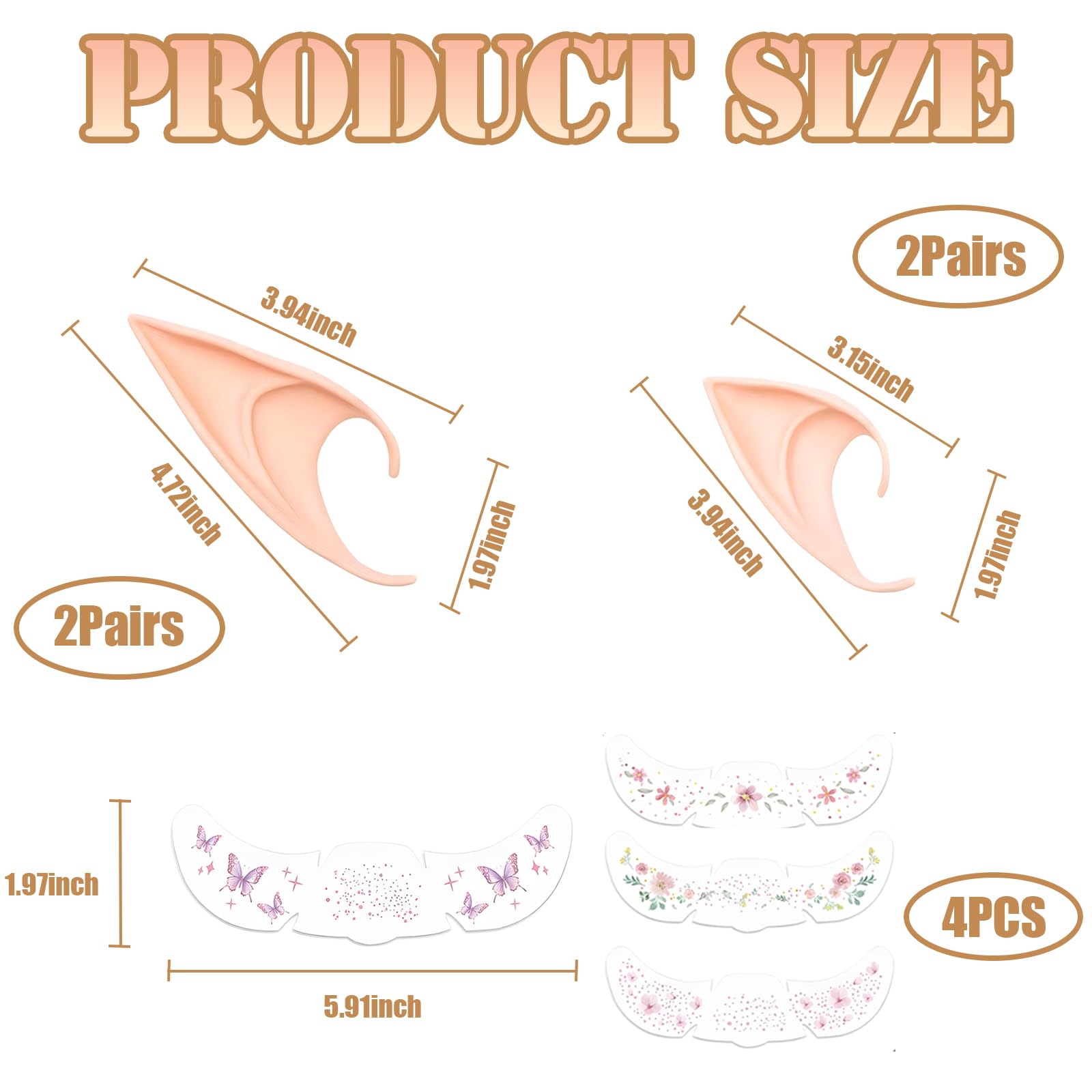 LURVOUS 4 works Pixie Elf Ear, Fairy Ear with Freckles Face Tattoo, Soft Pointed Ear Elven Vampire Goblin Alien Ears - Image 2