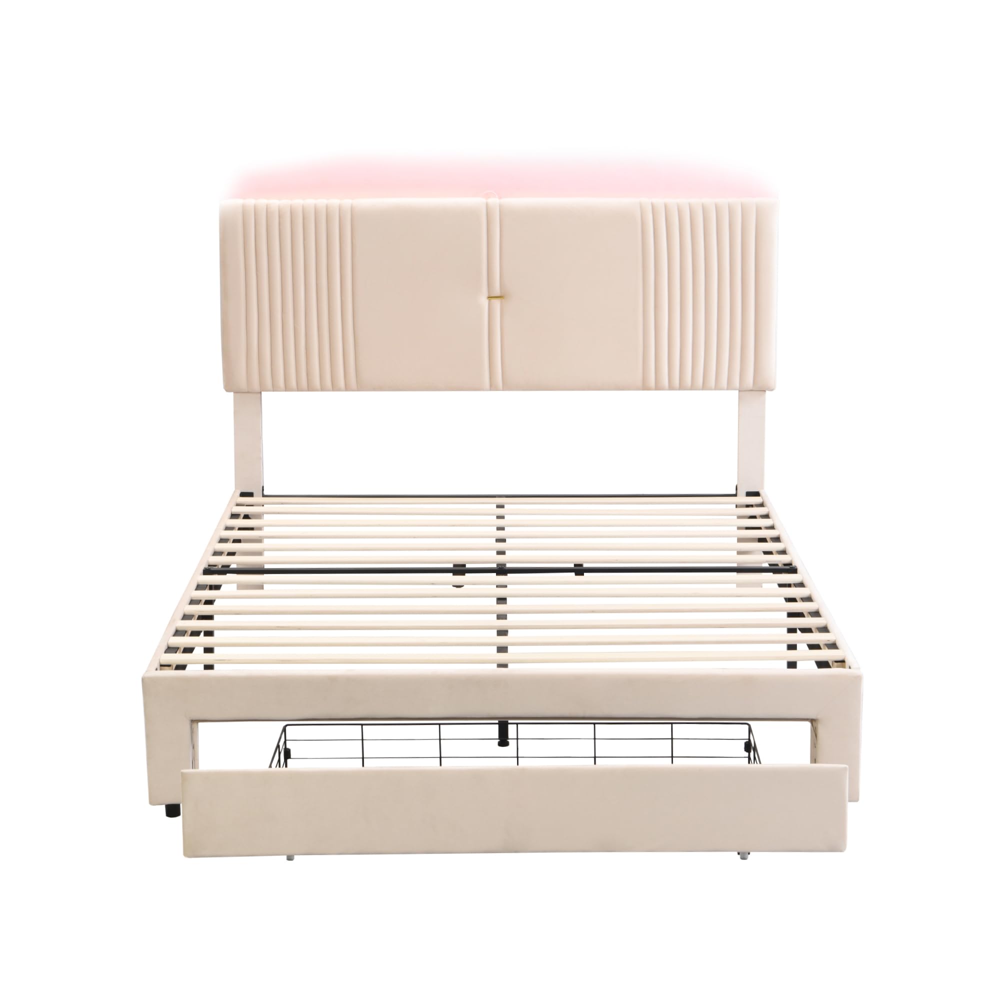 Letto Imbottito 140x200 Con Luci LED E USB - Letto Matrimoniale In Velluto Con Cassetto, Beige O Grigio - Foto 2