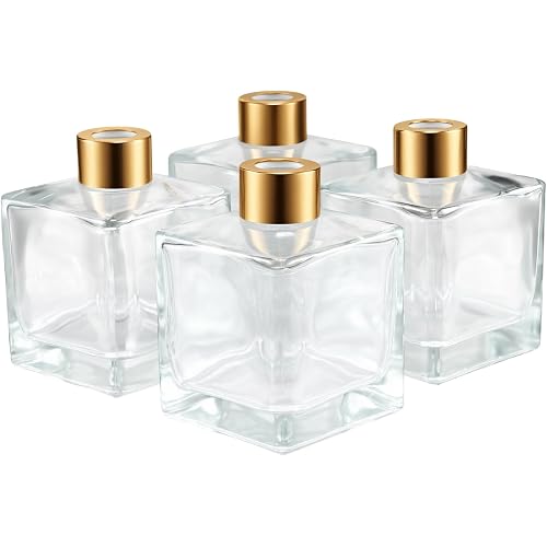 Squre Glass Diffuser Bottles with Gold Caps, Set of 4-3.7" High,200ml 6.7 fl oz. Fragrance Accessories Use for DIY Replacement Reed Diffuser Sets