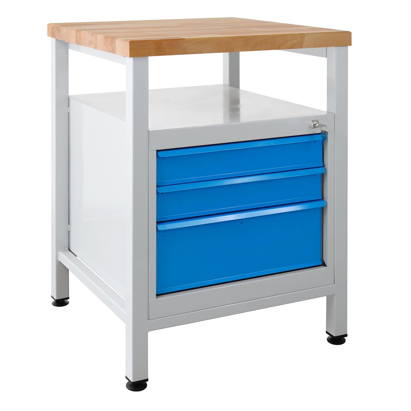 ADB Werkbank/Werktisch, 600x600x840 mm, mit 3 Schubladen, RAL 7035/5012, mit Stabiler Arbeitsplatte Buche massiv riegelartig verleimt, geölt, 30 mm