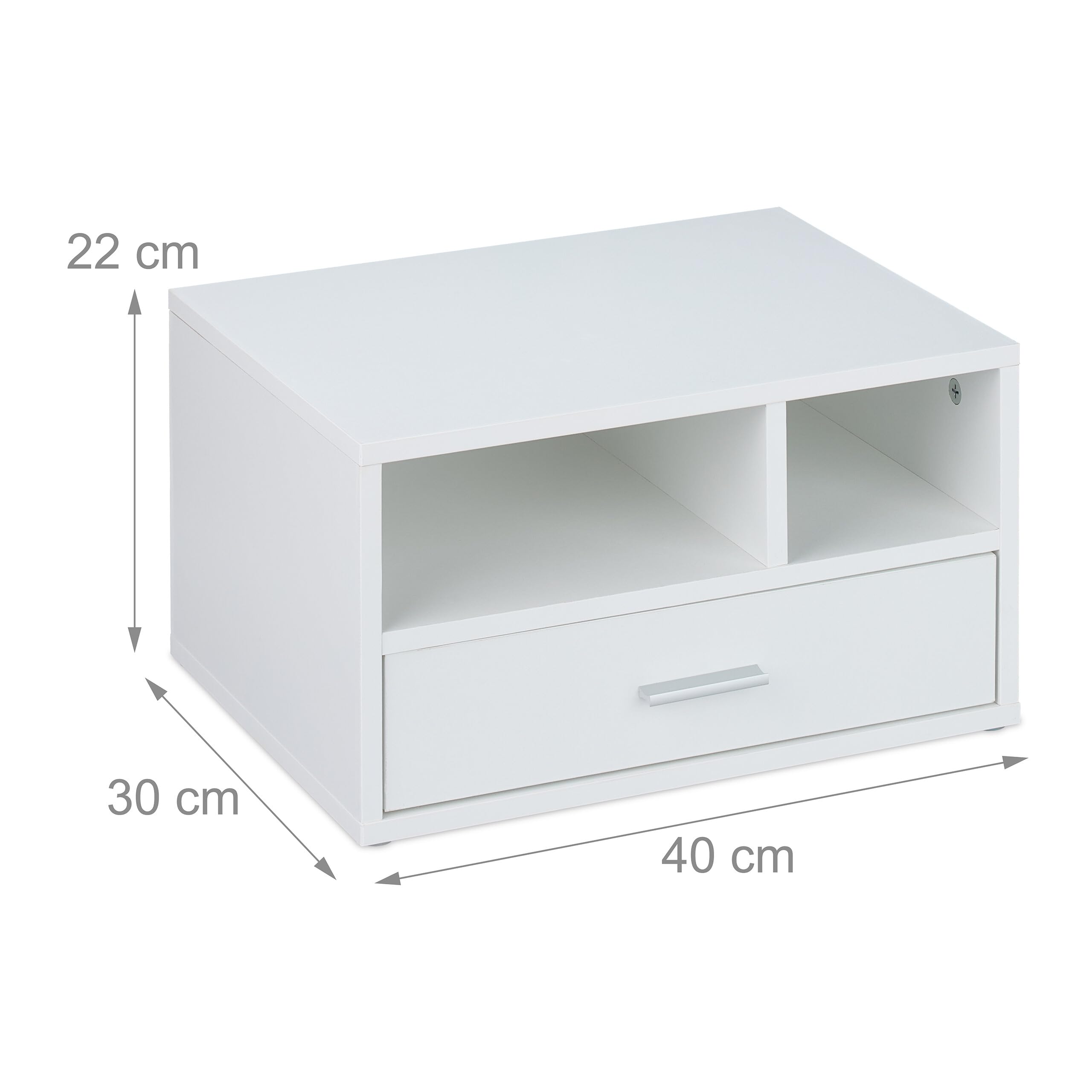 Relaxdays Supporto per Stampante con Cassetto e 2 Scomparti, Organizer Scrivania Portastampanti, HLP 22x40x30 cm, Bianco