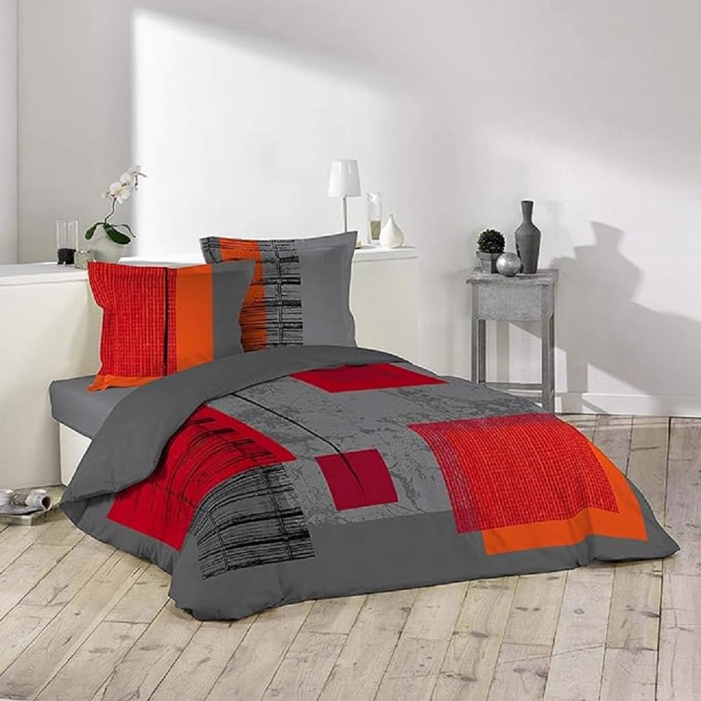 Linge de lit avec parure de 3 pièces coton et drap housse gris