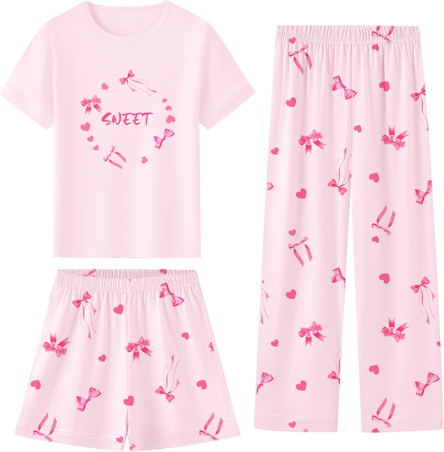 Umeyda Girls Pajamas Set, Cotton Pjs Cartoon Pattern 3PCS Sleepwear Lounge for Kids Size 5-14