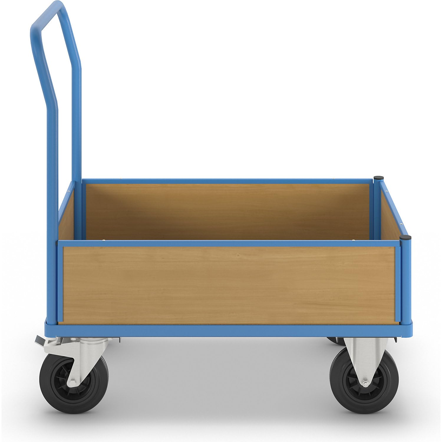 eurokraft pro | Plattformwagen mit Holzwänden | Mit 4 halbhohen Wänden, LxB 1050 x 700 mm, Vollgummi