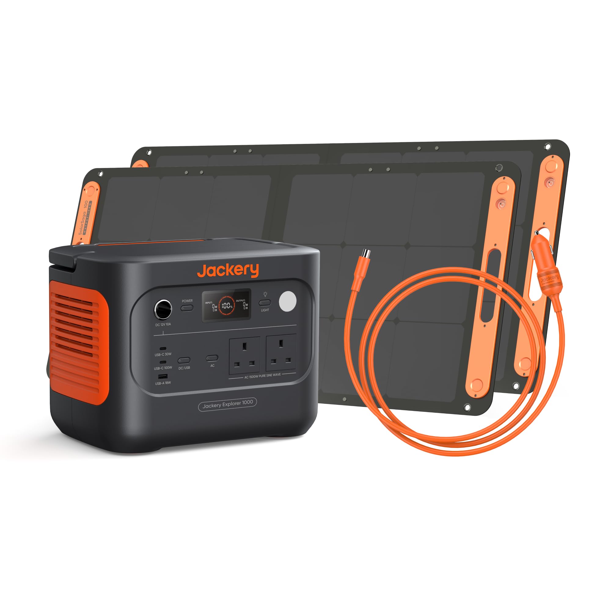 Jackery Explorer 1000 v2 Portable Power Station, 1070Wh LiFePO4 Battery, 1500W AC / 100W USB-C Output, Solar Generator with 2 × 100W Solar Panels & Car Charging Cable