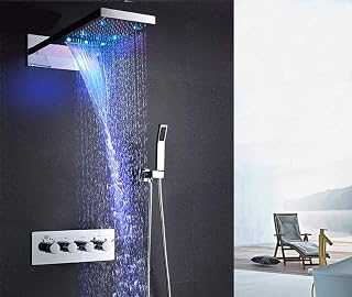 Cascada Luxury 9"x22" Rectangle Wall Mounted Thermostatic Shower System With Automated LED Color Change by Water Flow- Stainless Steel (9"x22", Polished Stainless Steel)