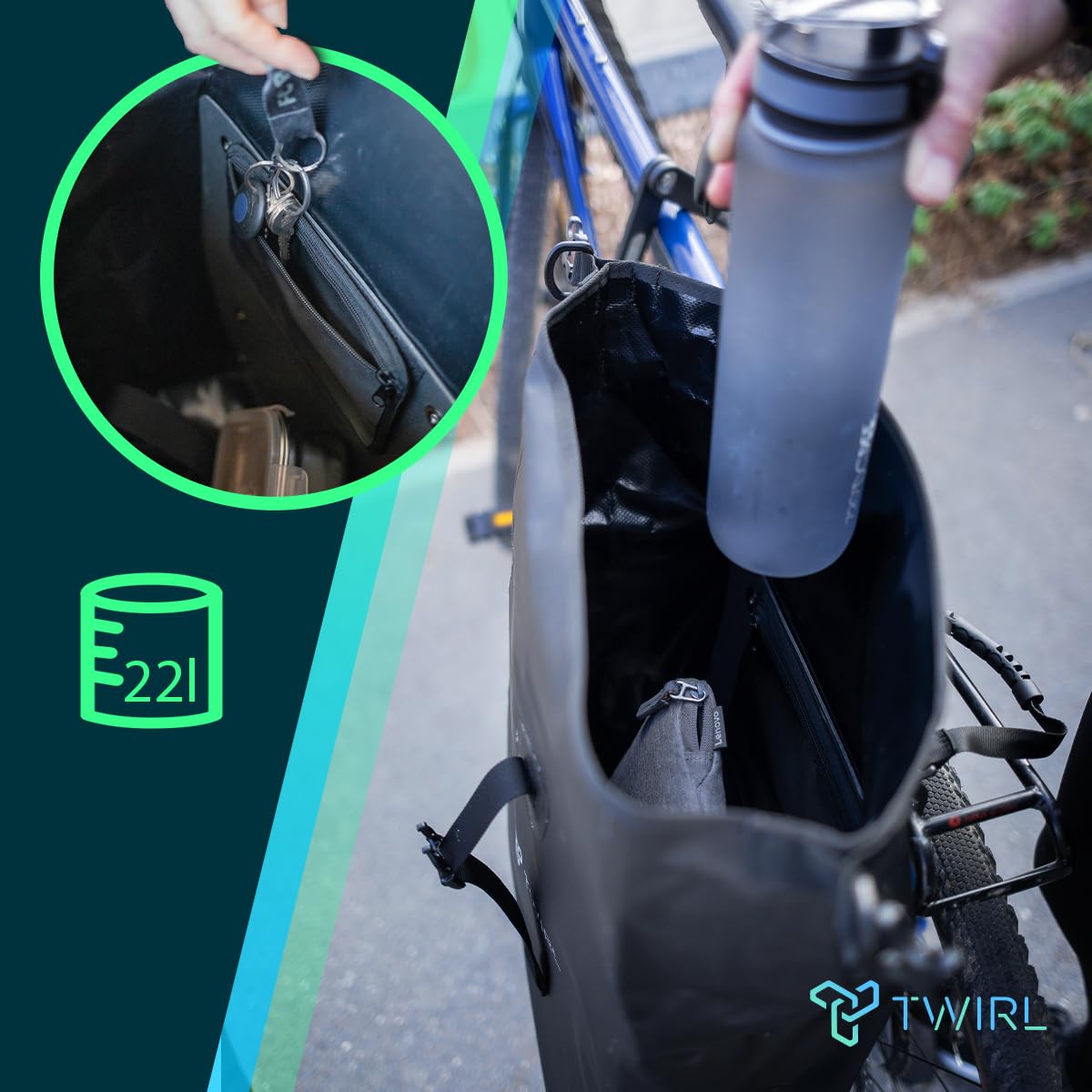 TWIRL Torba rowerowa na bagażnik SINGLE, 22 litry, z uchwytem, ​​paskiem na ramię i małą wyjmowaną kieszenią wewnętrzną, torba na bagażnik, tylna torba rowerowa, czarna