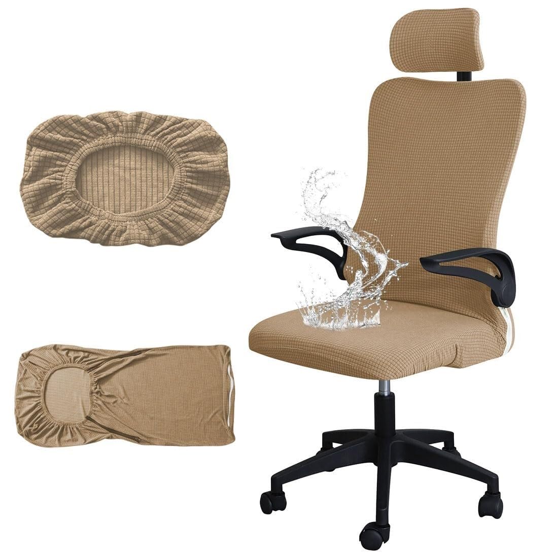 PBTMCD Office Chair Cover With Headrest, Stretch Jacquard Gaming Slipcover For High Back Computer Desk Rotating Armchair(Camel)