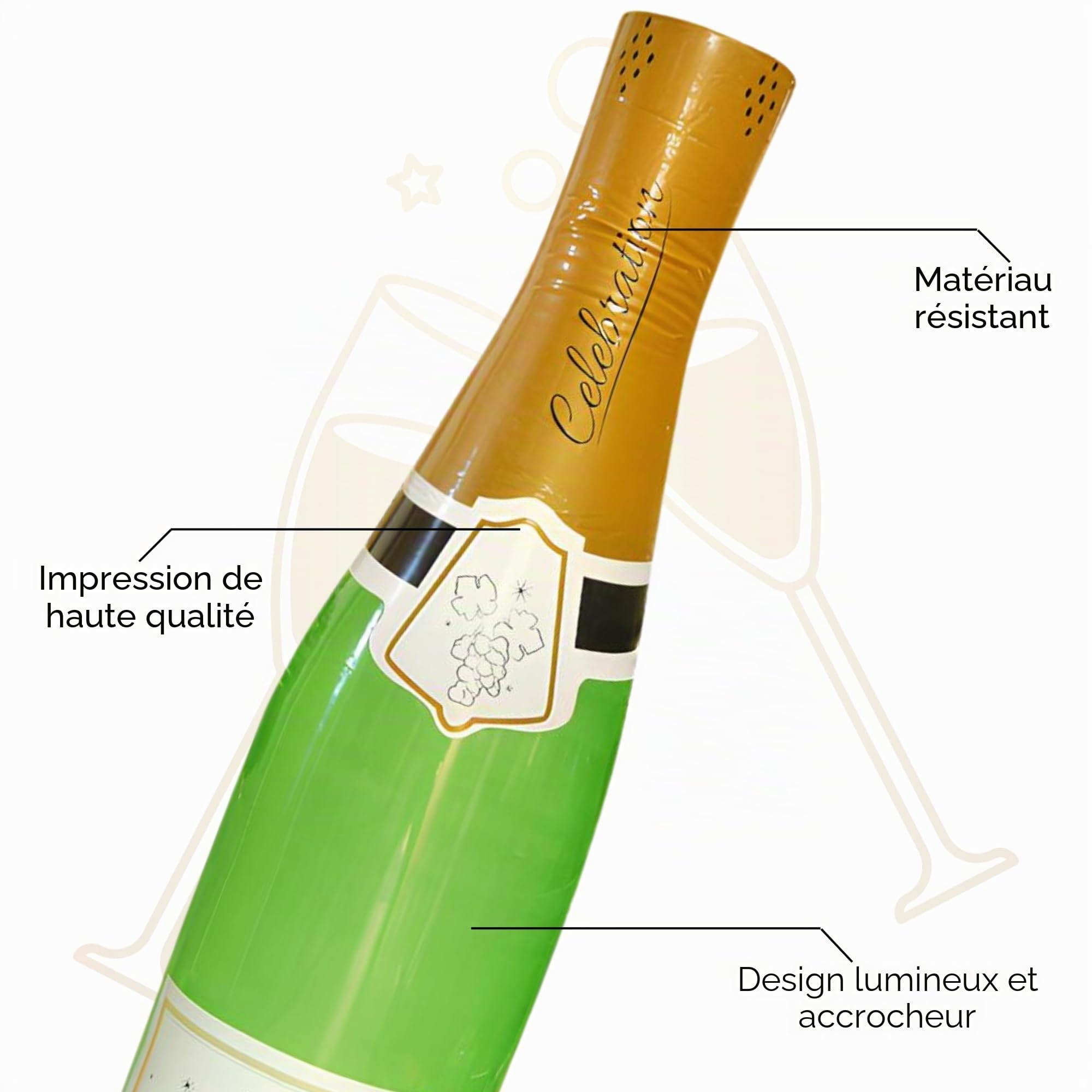 Bouteille de champagne géante gonflable (180 cm) | Décoration de fête amusante et accessoire photo | Décoration de mariage, anniversaire, Nouvel An, événement et célébration