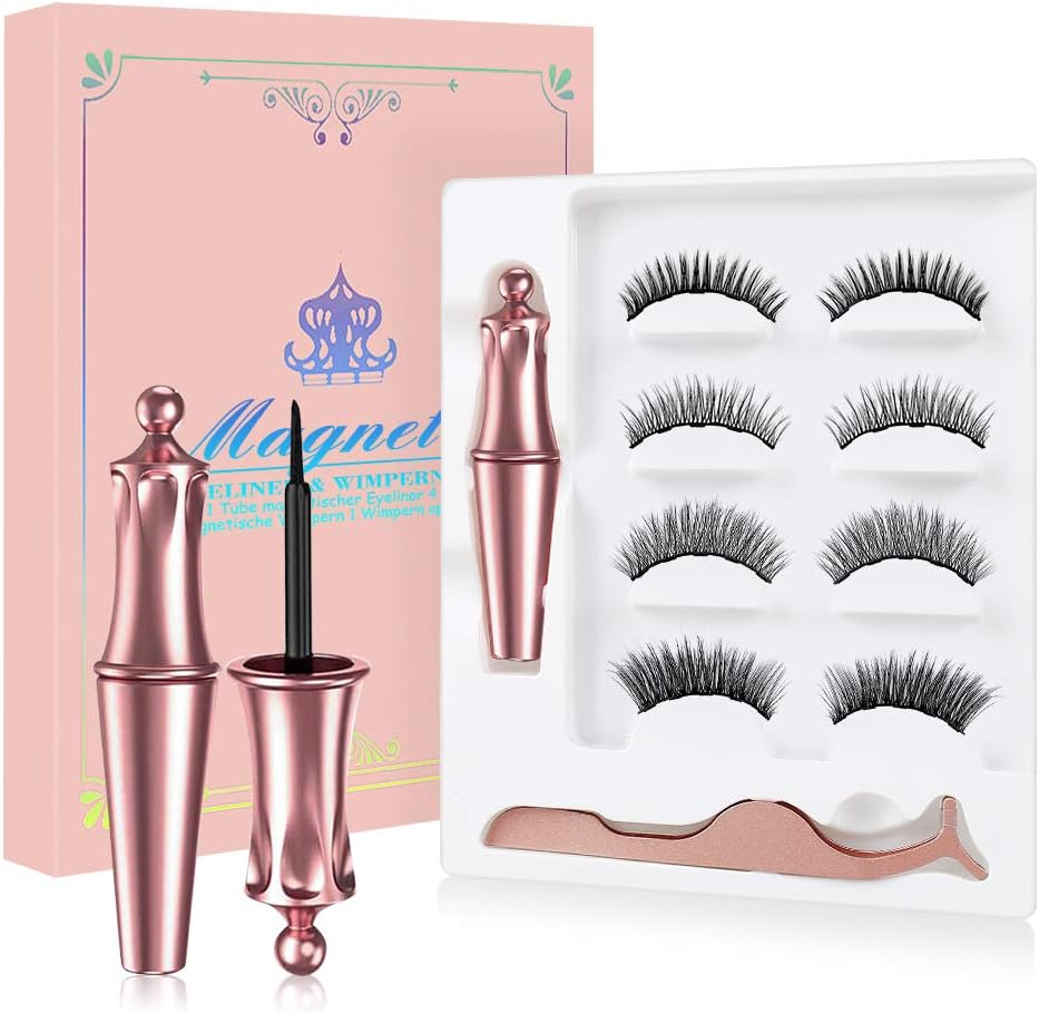Magnetic Eyelashes with Eyeliner - 4 Pairs Reusable 3D 5D Magnetic Lashes Set with 2 Updated Magnetic Eyeliner and Tweezer with Natural Look & Party Style False lashes, No Glue Needed