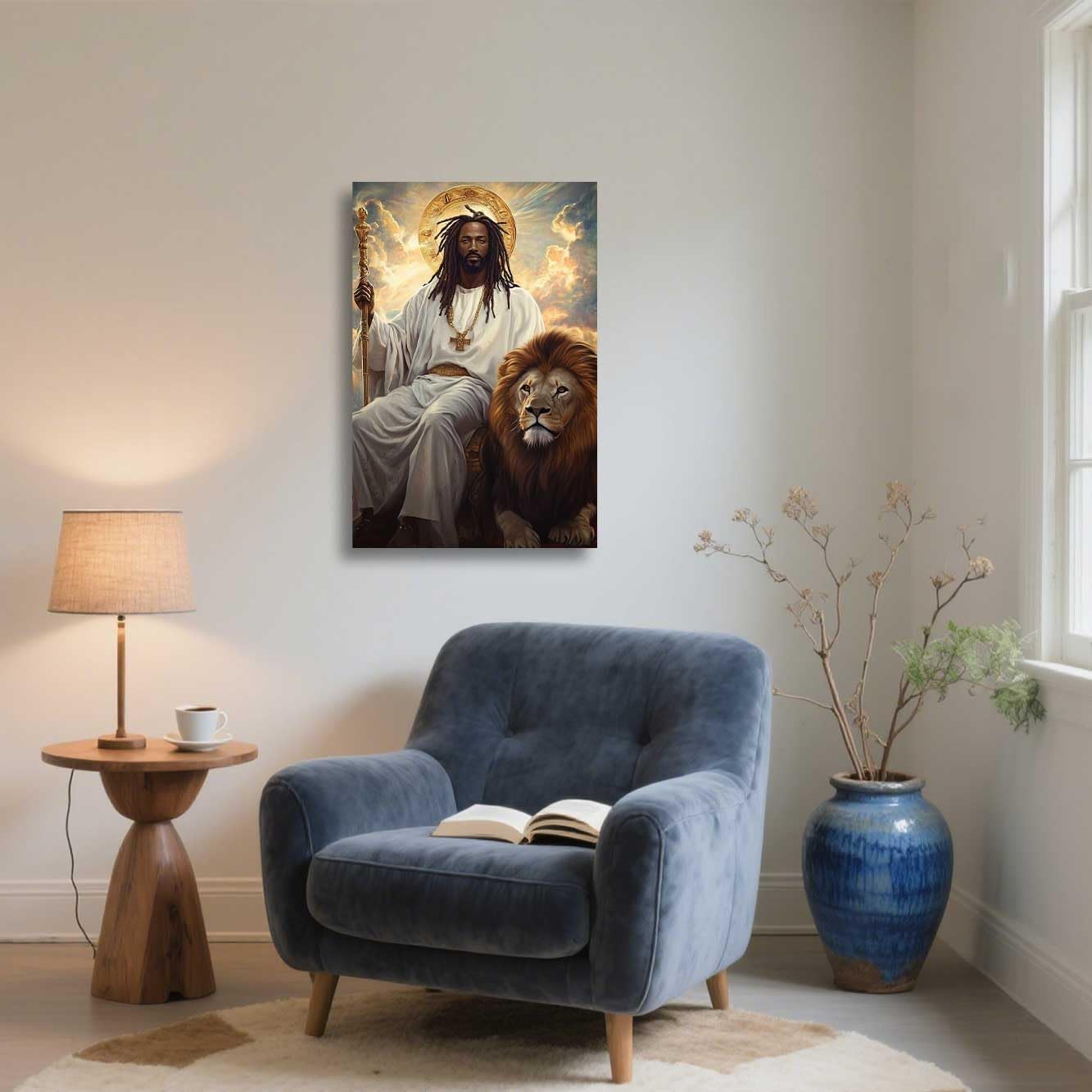 ZSHARTSWD Black Jesus and Lion Wall Art Lion of Judah Cross Pictures Christian Paintings African Americans Canvas Prints for Bedroom Church Home Decor Framed (18L x 12W)
