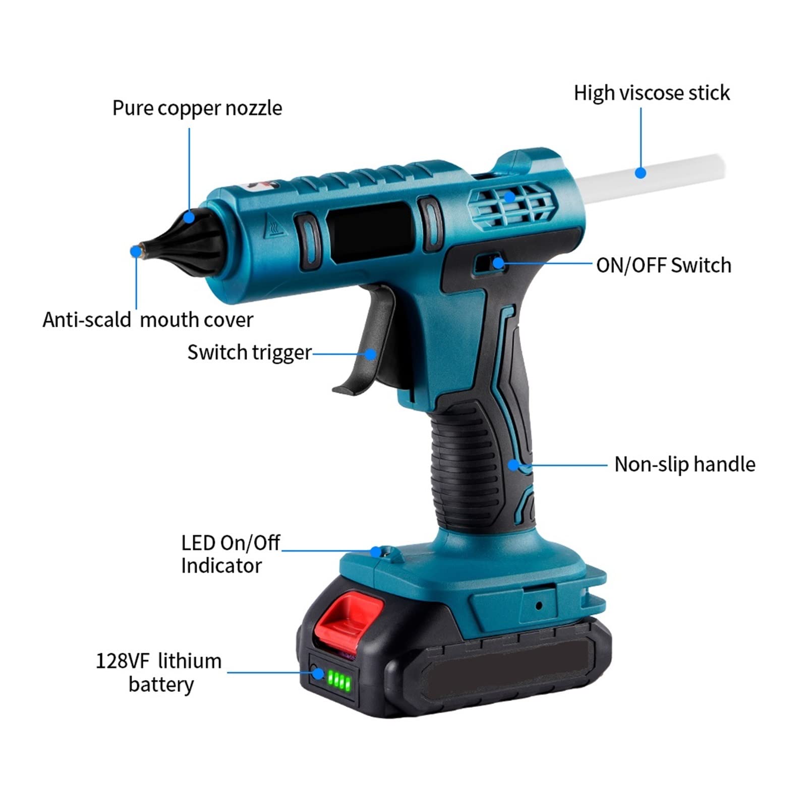 Pistola For Colla A Caldo Elettrica Cordless Ugello In Rame Antiscottatura Ricaricabile Strumento Di Riparazione Fai-da-te Con Stick For Batteria Riscaldamento Rapido(1)