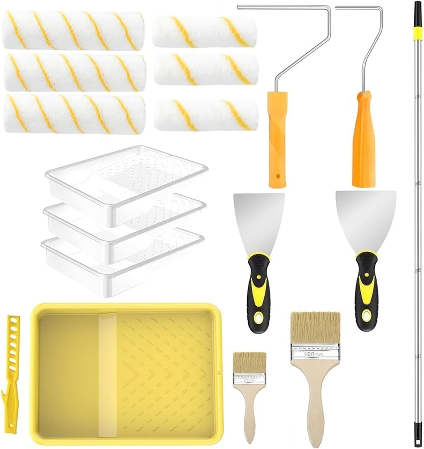 Multiple Surfaces Paint Roller Systems Including Adjustable Poles and Splash Tray for Precise Application Paint Roller Set with Extension Poles