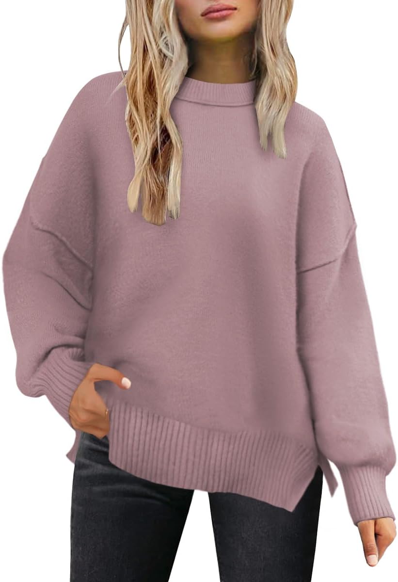 Lylinan Cozy Oversized Sweater for Women Side Slit Knit Pullover Crewneck Top for Fall Winter Outfits XS-XXL