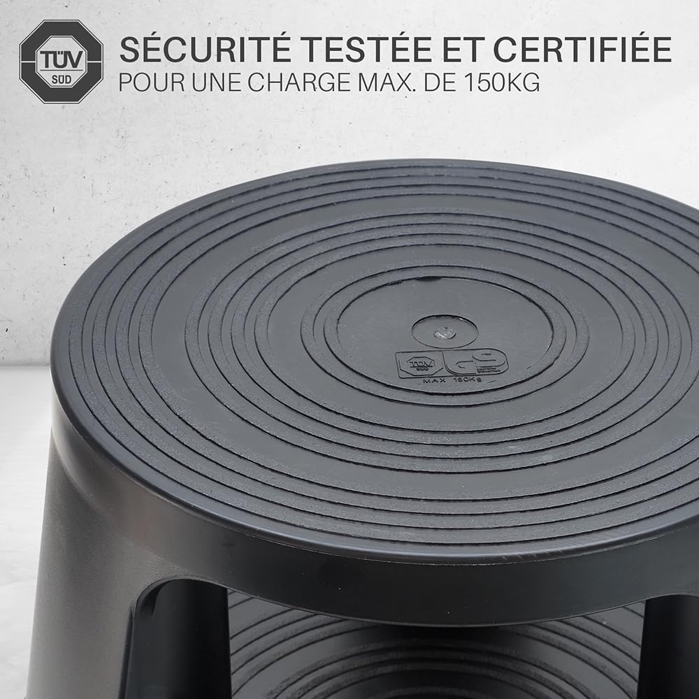 Marchepied Tabouret Mobile à roulettes avec Blocage Automatique – 2 marches antidérapantes Hauteur 43 cm, Plastique renforcé incassable, Charge 150 kg, Noir Certifié TUV - GS