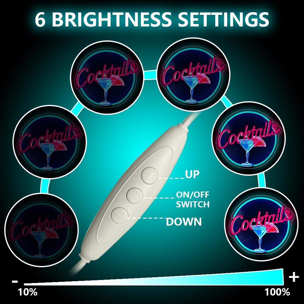 Cocktails Neon Signs for Wall Decor,UV Print Cocktails Glass LED Neon Light Up Sign for Beer Bar Art Wall Lights,Bar Party,Pub,Night Club,Man Cave Decor,Adjustable Brightness - Image 2