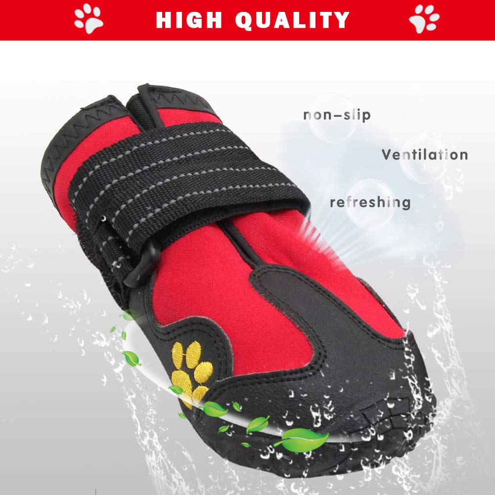 Lot de 4 bottes imperméables pour chien avec semelle réfléchissante robuste antidérapante et antidérapante, chaussures d'extérieur pour chiens de taille moyenne à grande (noir et rouge)