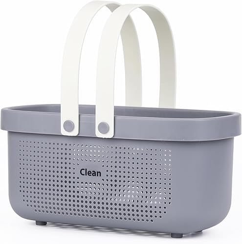 LAIGOO Cesta de almacenamiento de plástico gris con asas, organizador de almacenamiento de ducha para baño, dormitorio universitario, cocina,