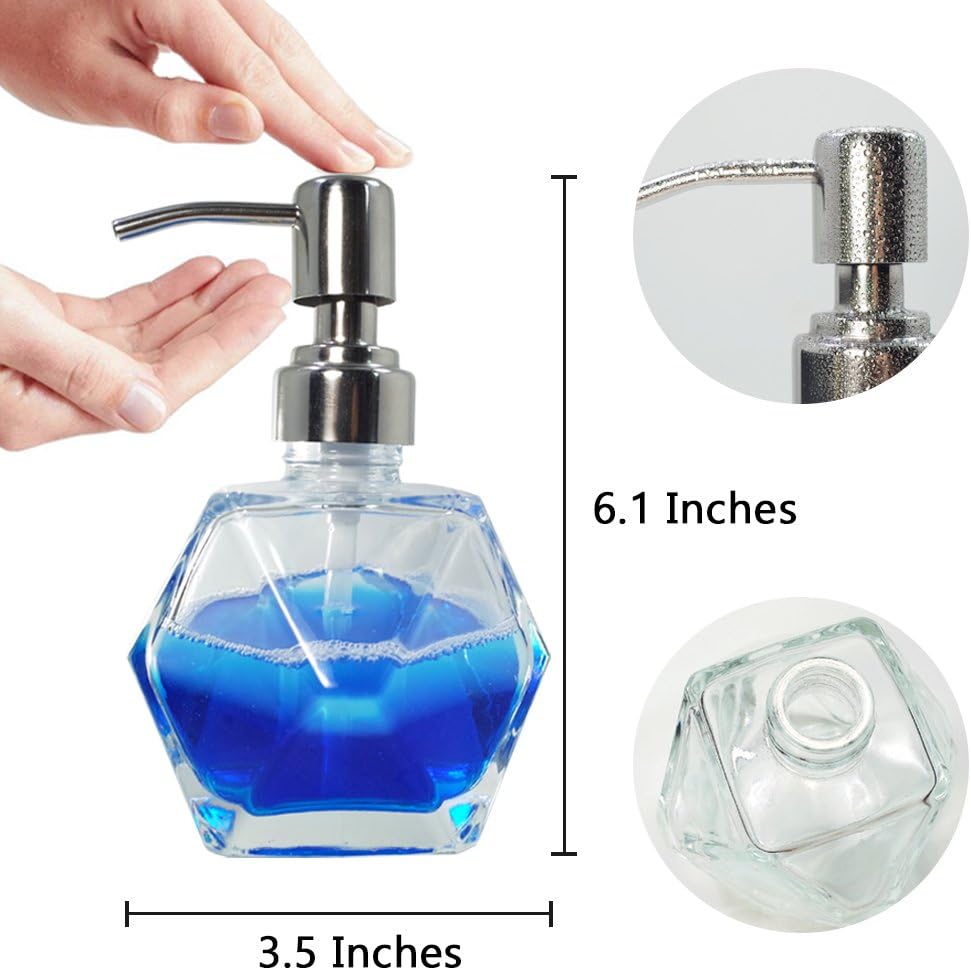 Modern Geometric Shape Clear Glass Soap Dispenser, Lotion Dispenser Bottle with Rust Proof Stainless Steel Pump for Kitchen, Bathroom Accessory, Countertop, Great for Soap, Lotions and Body Oil. - Image 3