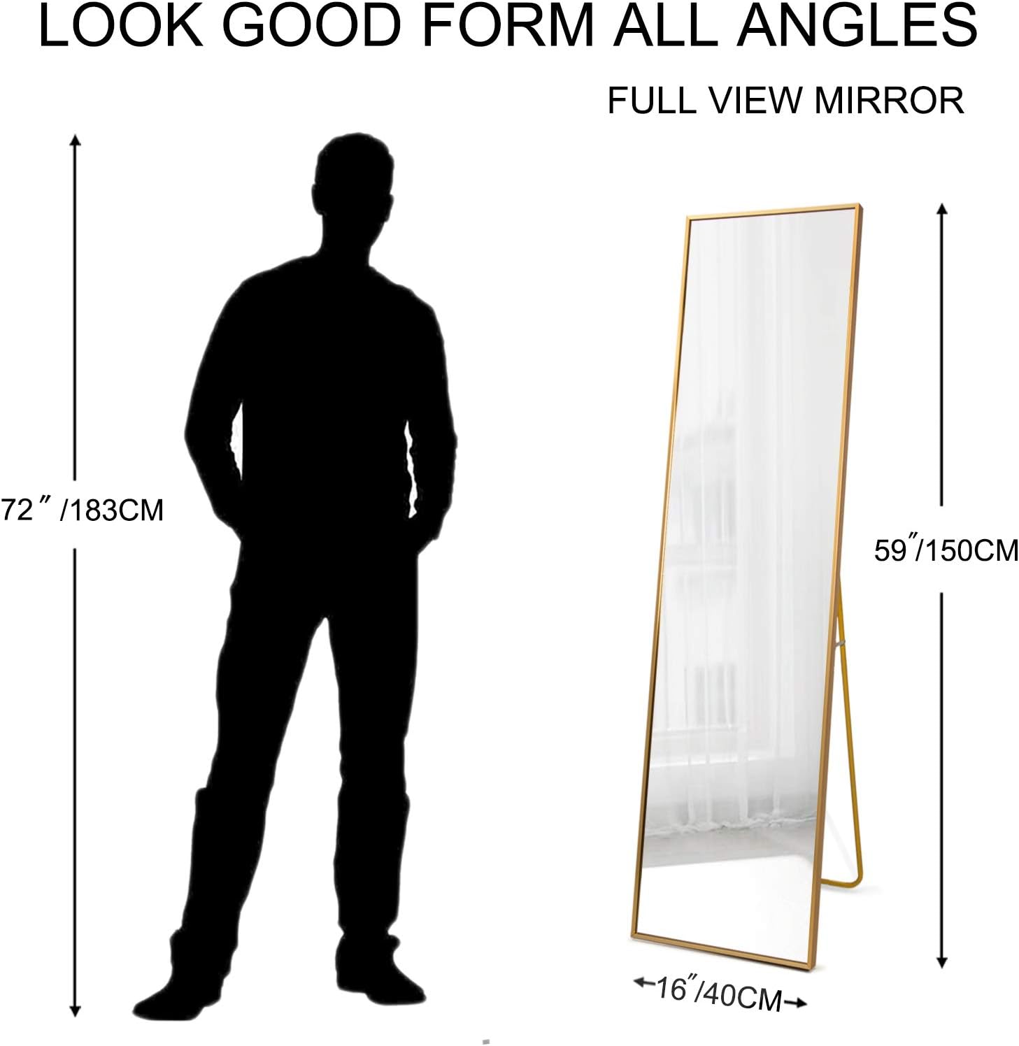FANYUSHOW Full Length Mirror, Standing Hanging or Leaning Body Mirror, Simple Rectangle Design, Aluminum Alloy Thin Frame, Floor Mirror for Bedrooms, Bathrooms, Living Room (Gold)