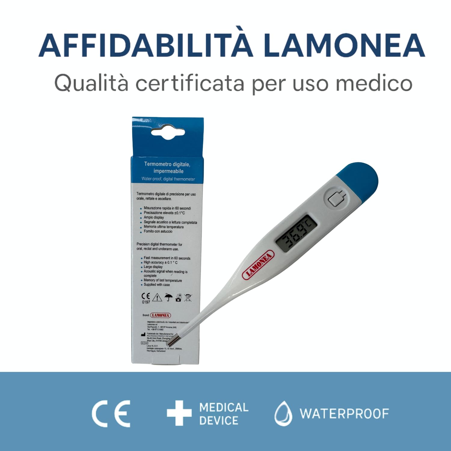 Termometro Digitale, Certificato CE - Impermeabile e Preciso, Misura la Febbre in 60 Secondi, Display LCS e tasto On/Off - Segnale Acustico, Ideale per Adulti e Bambini - MC-101
