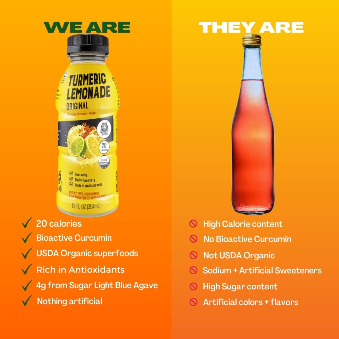 Golden Tiger Organic Turmeric Lemonade - Bio Active Curcumin + Ginger - 12 Bottles - Recover with Plant Based Power - Caffeine Free - 20 Calories