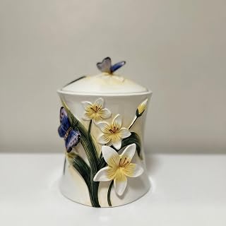 Ceramic Food Storage Containers with Lids,3D Handmade and Hand-painted Butterfly and Lily Design for Home Kitchen Countertop Decorative Collection Jars (Small)