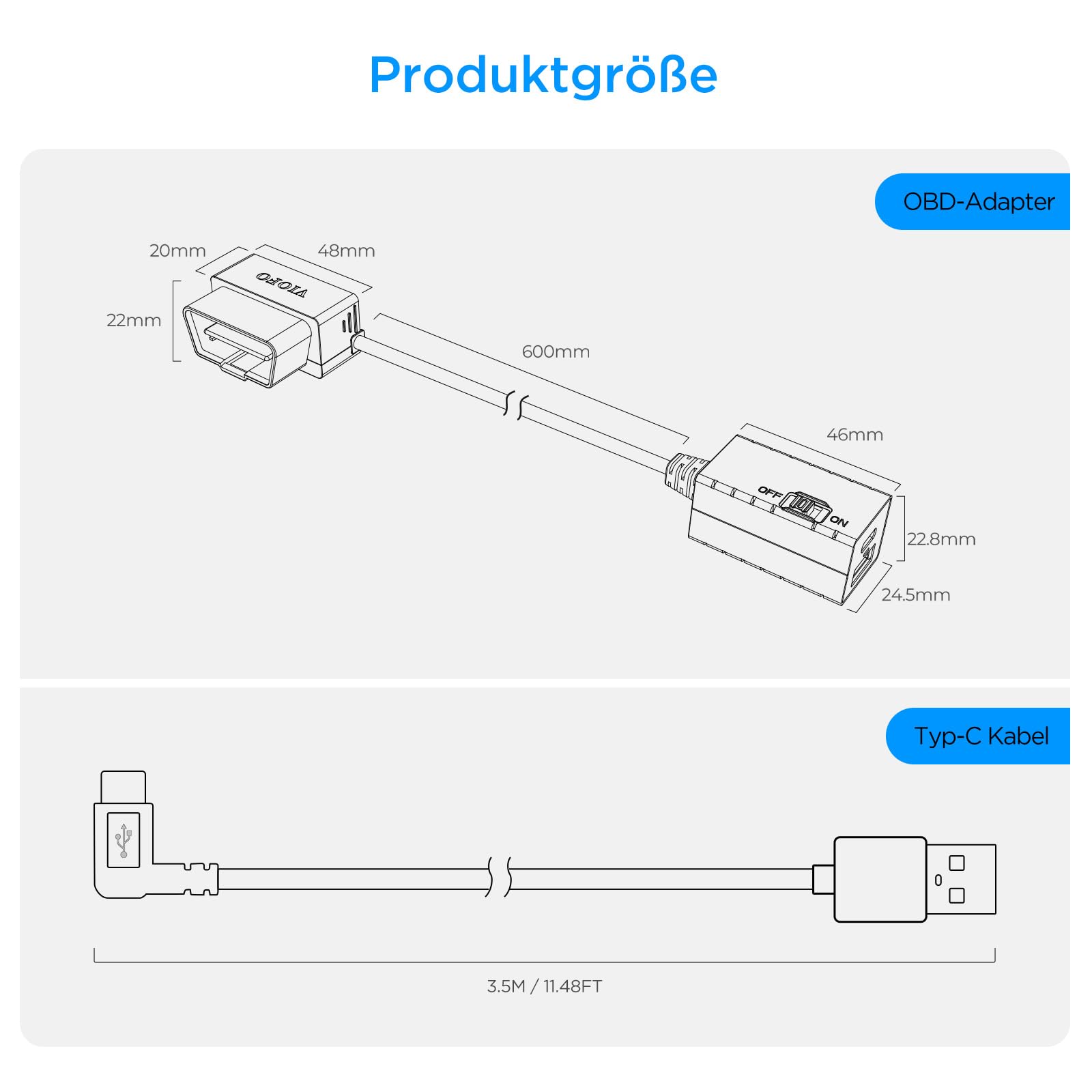 VIOFO OP100 OBD-II Tipo C - Cable de alimentación continua para cámaras de salpicadero de coche, cable OBD con interruptor de tiempo, 24 h de vigilancia de aparcamiento con protección de baja tensión
