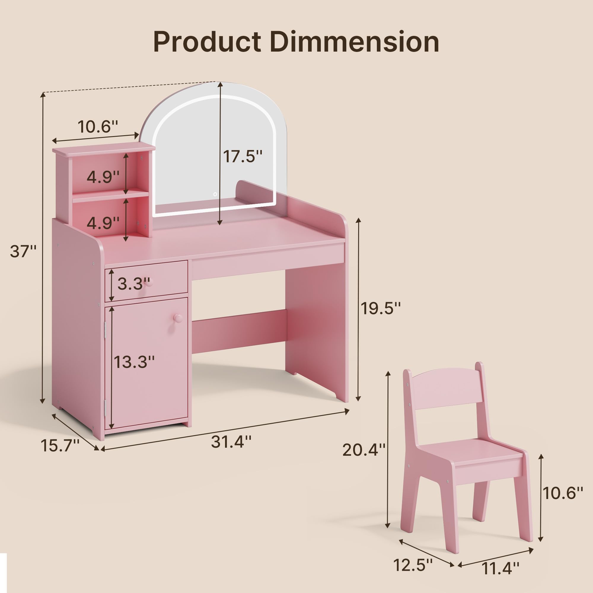 Gizoon Escritorio de tocador para niños con espejo y luces, color rosa