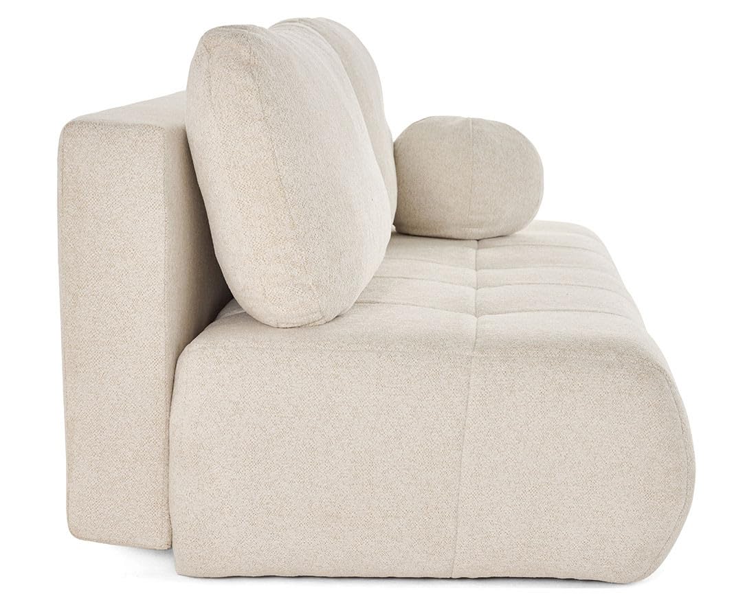 Best Mobilier – Bowie – 3-Sitzer-Sofa ausklappbar, Truhe + rundes Kissen, inklusive strukturiertem Stoff, Beige