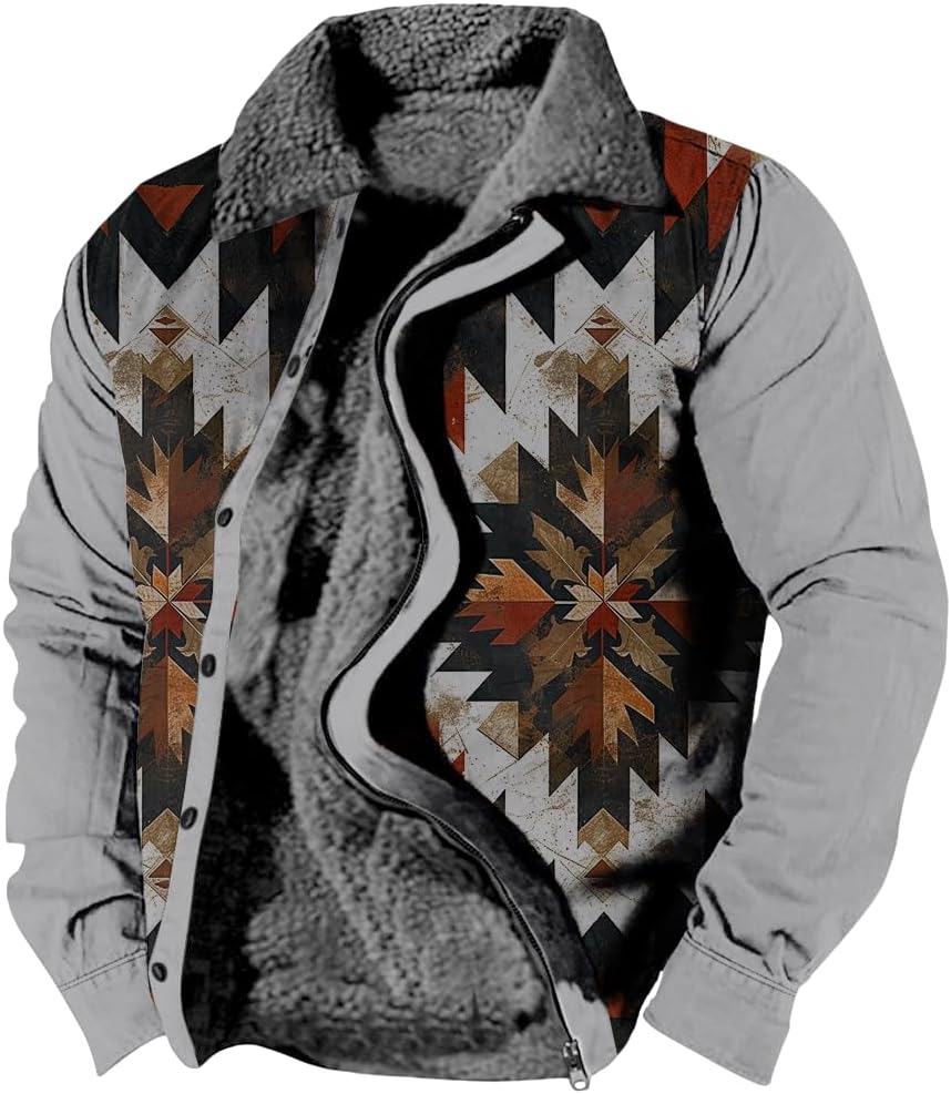 Mens Aztec Fleece Jacket Vintage Ethnic Sherpa Lined Zip up Jacket Fashion Winter Warm Collared Western Coat