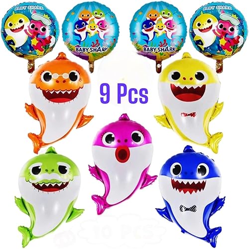 Miniatura 3 de TUHI Products Decoración completa de fiesta de cumpleaños de tiburón con telón de fondo, mesa, globos de aluminio, globos de látex y tapas de papel