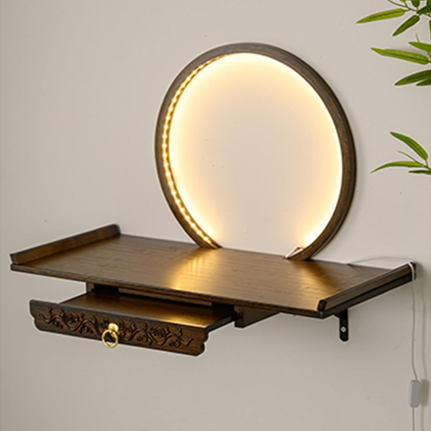 Wall-Mounted Buddha Statue Stand with LED Light Household Small Buddhist Shrine Altar Table with Retractable Pull Plate Bamboo Prayer Offering Table Wall Altar Shelf for Incense Offerings.(Walnut,40X2