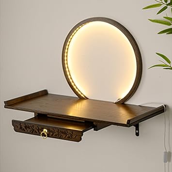 Wall-Mounted Buddha Statue Stand with LED Light Household Small Buddhist Shrine Altar Table with Retractable Pull Plate Bamboo Prayer Offering Table Wall Altar Shelf for Incense Offerings.Walnut,60X2