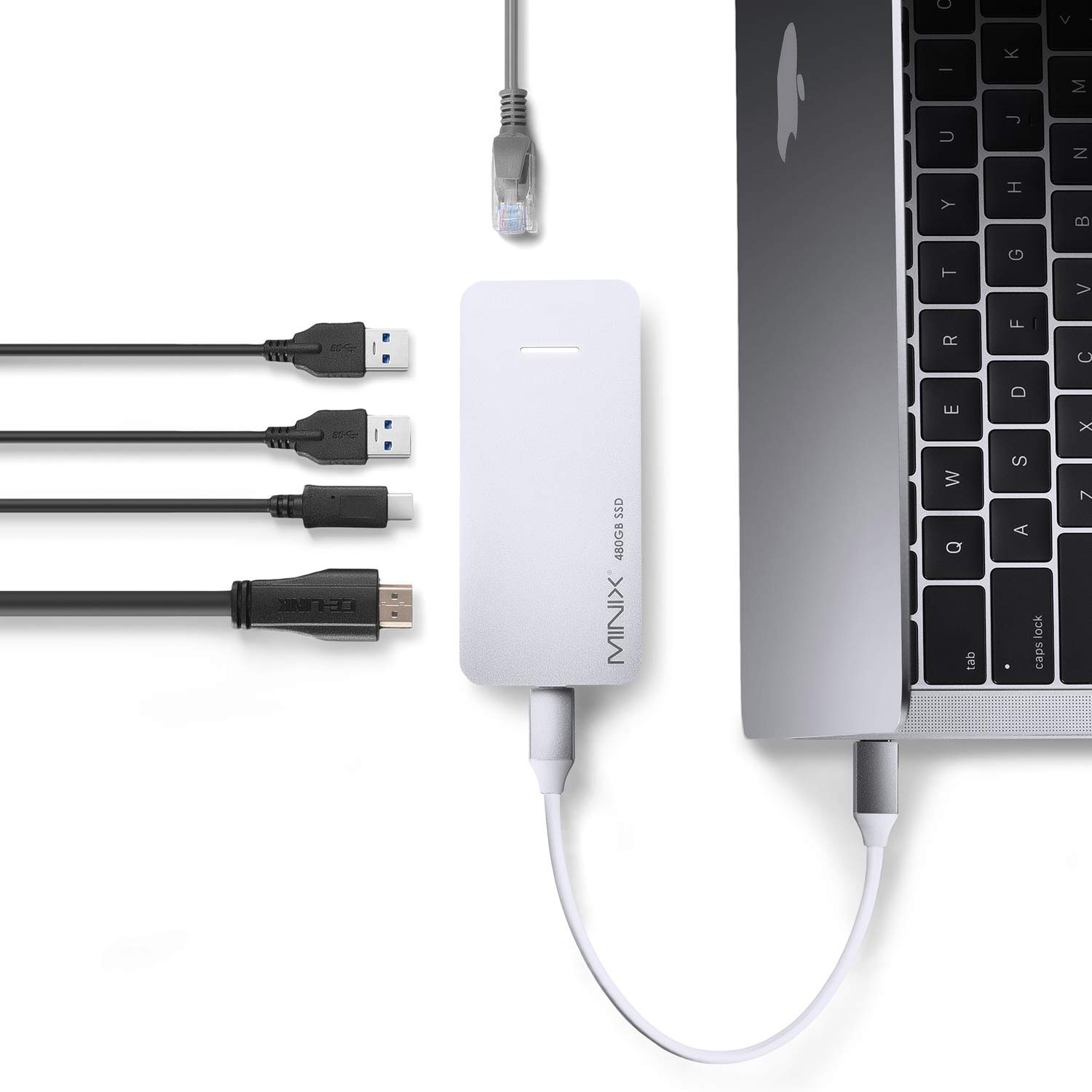 MINIX 480GB USB-C Multiport High-Speed SSD Storage Hub-Gigabit Ethernet,4K HDMI (60Hz), USB-C Pass-Through, USB 3.0-Compatible with macOS, iPadOS and Windows 10 OS. (NEO SG4-Silver)