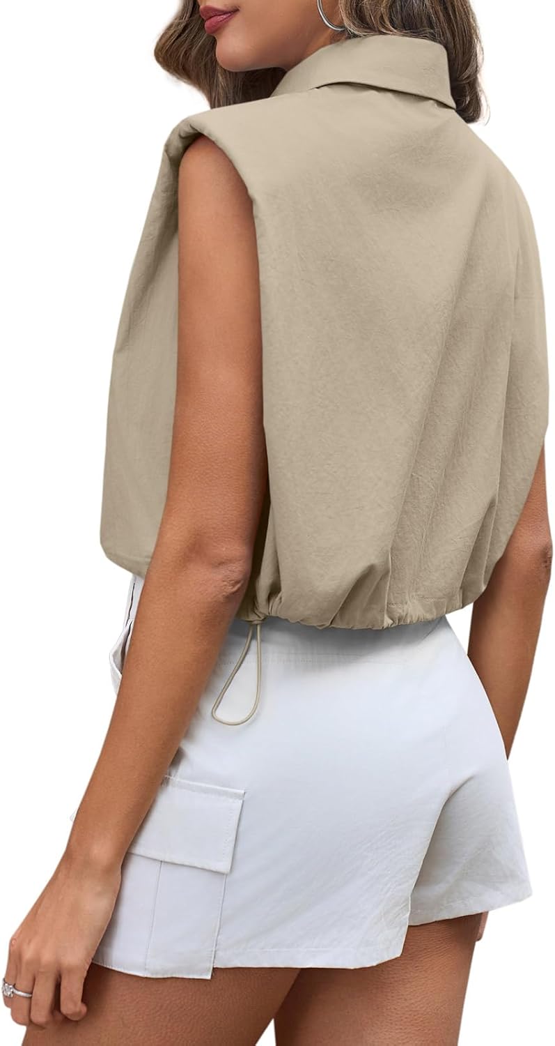 Tankaneo Womens Sleeveless Button Down Shirts Casual Loose V Neck Pad Shoulder Crop Tank Top - Image 4