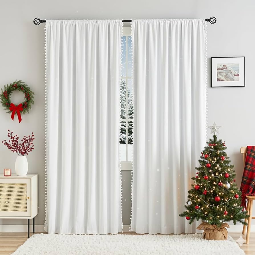 RDJSHOP 屋外ホワイトカーテン 213x213cm ３枚 Amazon｜ホワイト 遮光カーテン 寝室用 ポンポン付き 断熱 完全遮光