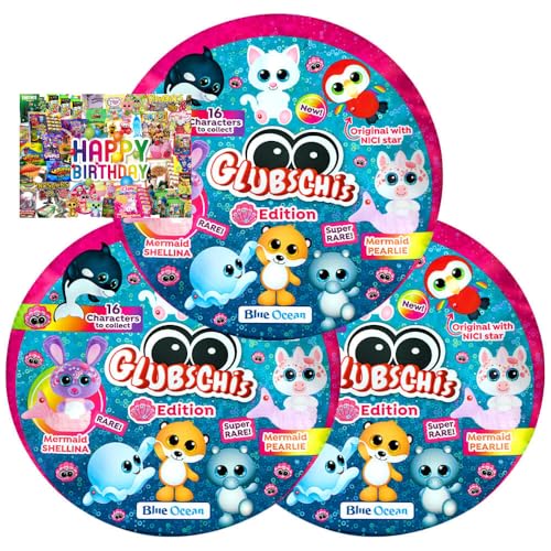 STRONCARD Bundle mit Blue Ocean Glubschis Sammelfigur Muschel Serie 4 - Glubschi Glitzer Figur - Auswahl - Exklusive Geburtstagskarte (3 Tüten)