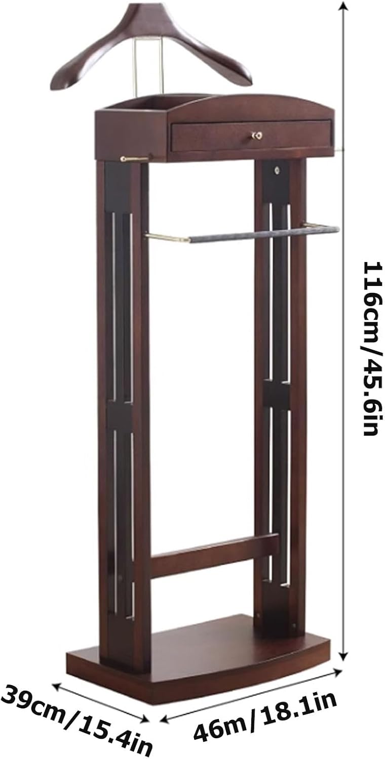 Clothes Valet Stand Wooden Freestanding Suit Hanger for Men with Top Storage Tray Sturdy Base Coat Rack Organizer for Bedroom Office