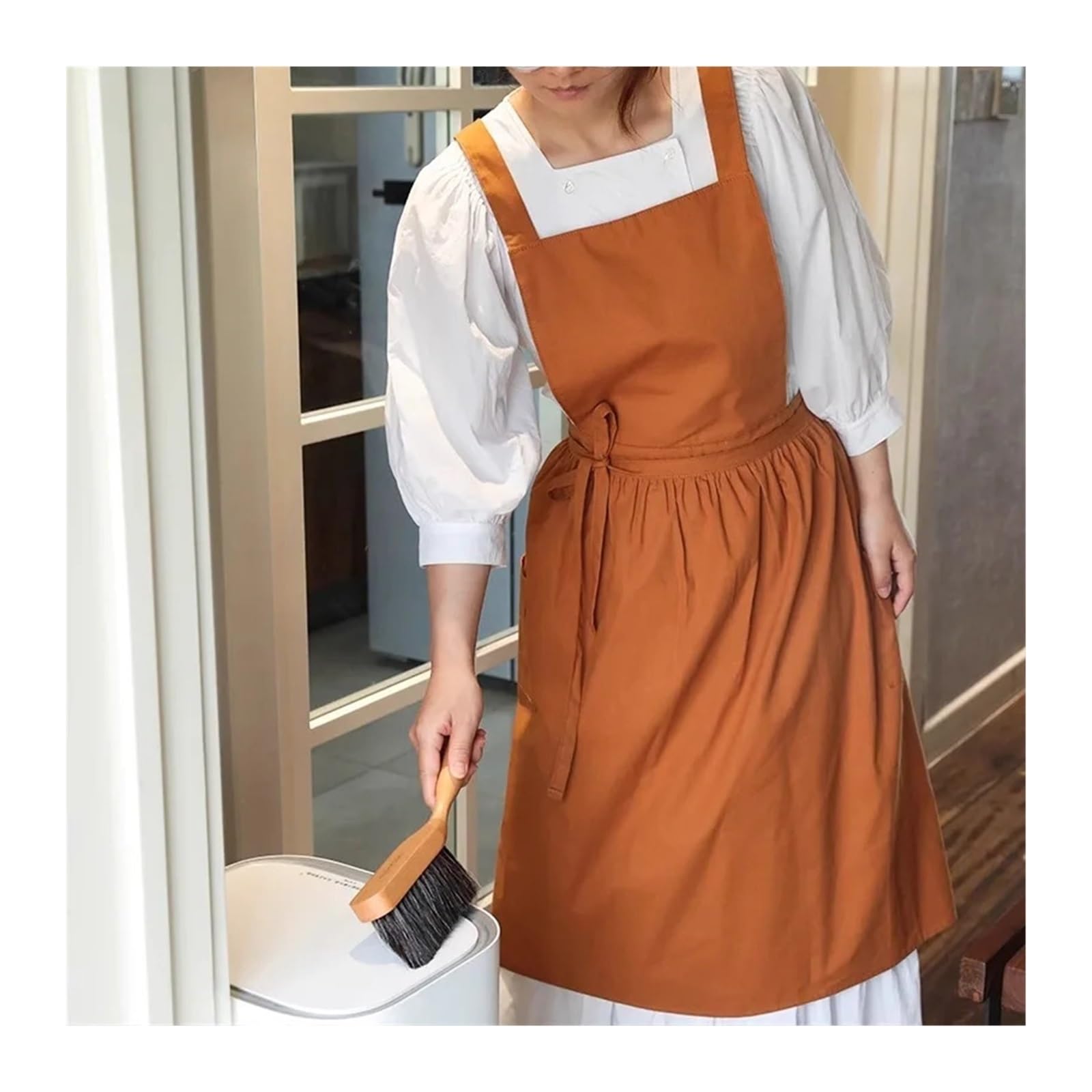 Tela Grembiuli Grembiule da cucina donna lungo in cotone pieghettato con tasca for cucinare e cuocere al forno, abito incrociato sul retro, for salone di bellezza, negozio unghie