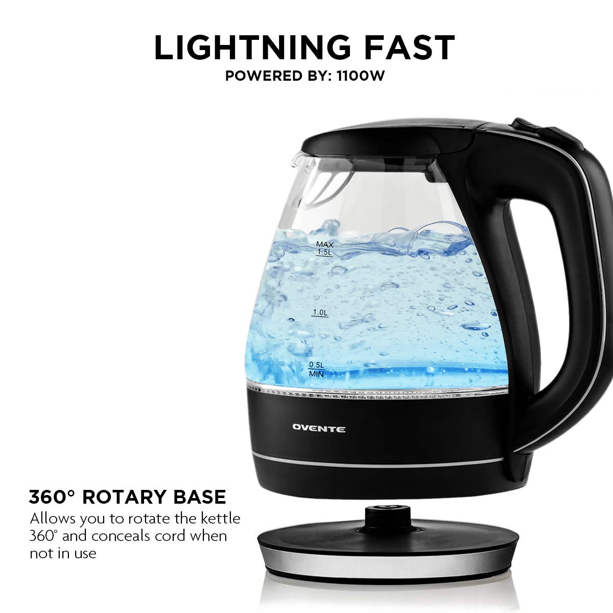 Ovente Portable Electric Glass Kettle 1.5 Liter with Blue LED Light and