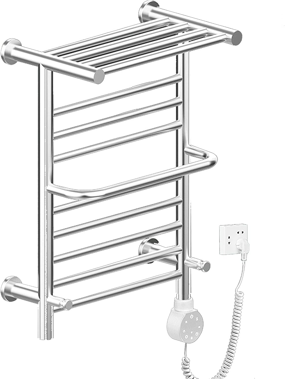 Electric Heated Towel Rail Radiator 9 Bar Wall Mounted Towel Warmer with Top Shelf 304 Stainless Steel Plug-in Heated Towel Rack with Timing Function for Bathroom