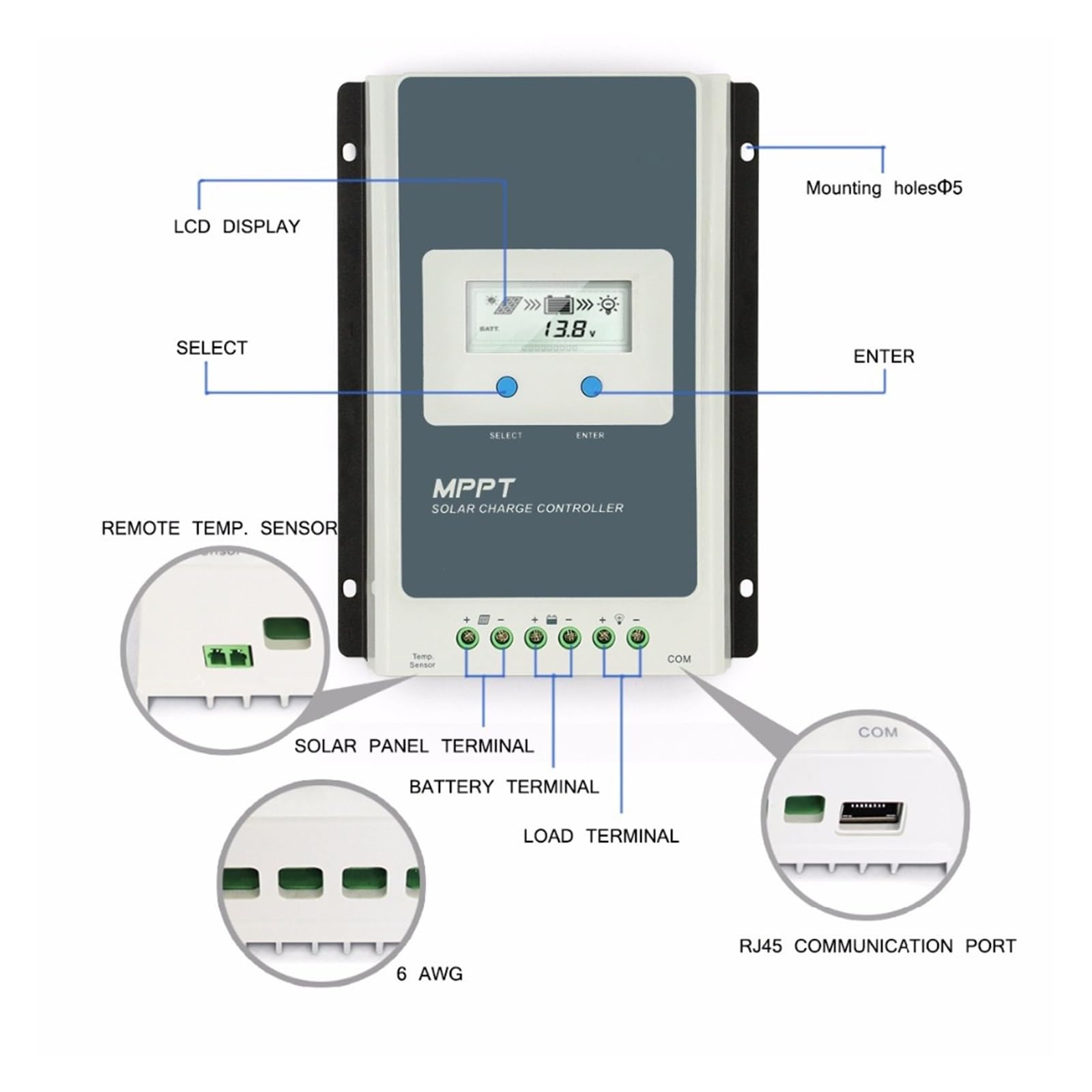 Regulador Solar Mando De Cargador Solar MPPT 40A 30A 20A 10A LCD 12V24V Regulador Automático De Alta Eficiencia For Baterías De Litio De Plomo Ácido(2210AN)